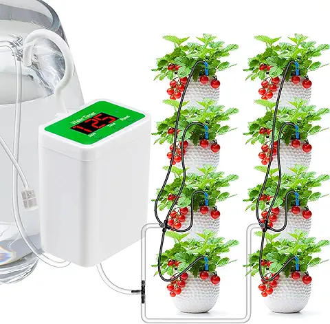QKTYB Sistema de Riego Automatico, DIY Riego Por Goteo para Macetas con Filtro Riego Automatico Macetas con Temporizador Electrónico para 8 Plantas USB Recargable Riego Macetas Vacaciones  