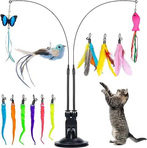 Qoosea 15 Piezas Juguete Pluma de Gato, Juguete para Gatos Interactivos con 1 Ventosa y 2 Varitas Teaser, Juguete de Gatos Varita para Ejercitar Gatos y Gatitos  