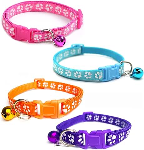 Quesuc Collar Gato Reflectante Collar de Gato con Campana 2 Piezas Collares para Gatos con Cascabeles y Hebilla Seguro de Liberación Rápida(4 Piezas) Elástico para Gatos  