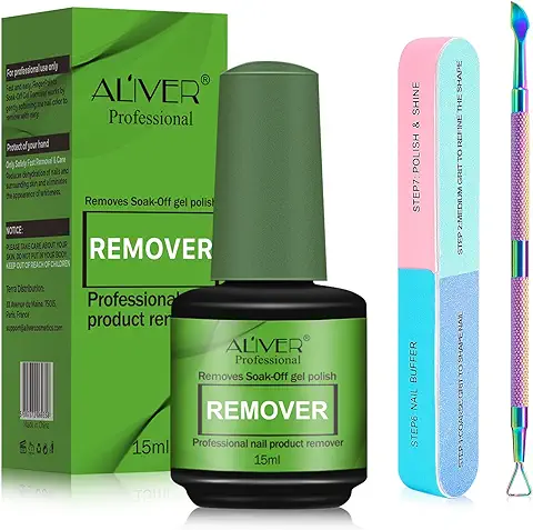 Quitaesmalte Gel 15ml con Empujador de Cutícula y Lima de Uñas, Removedor Esmalte Semipermanente, Permanentes para Uñas, Elimina Fácil y Rápidamente el Esmalte en 3-5 Minutos, No Daña las Uñas  