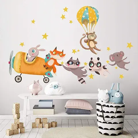 R00502 Pegatinas de Pared Ecológicas e Hipoalergénicas para Bebés Efecto de tela Suave Reposicionable Viaje Avión Decoración Pared Recién Nacido Guardería Adhesivo Papel Pintado  