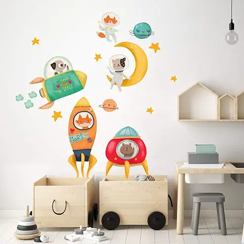 R00510 Pegatinas Pared Infantil Ecológico e Hipoalergénico Efecto Tela Suave Decoración Reposicionable Viaje Espacial Habitación Niños Bebés Adhesivo Papel Pintado  