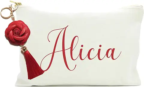 Reagalo Navidad Mujer.Neceser Personalizado para Mujer con Borla en Forma de Rosa Roja y Nombre Maquillaje y Aseo. Viajes, Organizador de Productos de Belleza y Cuidado Personal.  