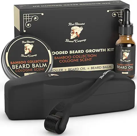Red-Blooded Crece Barba Kit – Beard Roller + Aceite Barba + Balsamo Barba - Estimula El Crecimiento Barba Y El Crecimiento Cabello | Beard Growth Kit | Crecer Barba | Beard Kit Para Barba Hombre  
