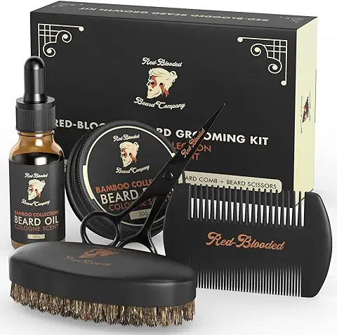 Red-Blooded kit Barba Hombre con Aceite para Barba, Bálsamo para Barba, Cepillo para Barba, Peine para Barba y Tijeras para Barba. Colonia Perfumada Hecha con Aceite de Jojoba y Aceite de Macadamia  