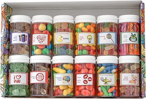 Regalo Original con Chuches Variadas. Caja con 12 Botes. Preparada para Regalar. 1.300g.  