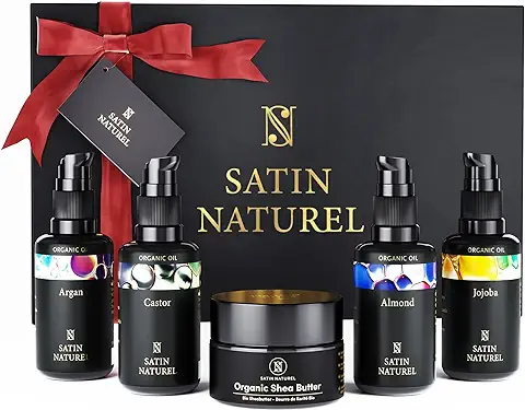 Regalos Originales de Cumpleaños para Mujer - Cuidado del Cuerpo Orgánico 5x30 ml – Aceite de Ricino + Aceite de Almendras + Aceite de Argan, Jojoba - Satin Naturel  