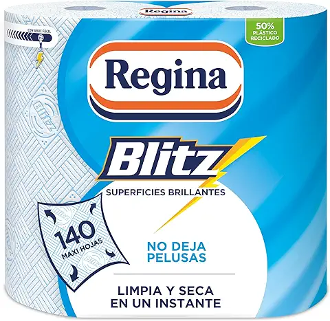 Regina Blitz Papel de Cocina - 2 Rollos, 70 Maxi-Hojas de 3 Capas, Ideal para Limpiar Superficies Domésticas, Sin Pelusas, Embalaje con 50% de Plastico Reciclado, Papel 100% Certificado FSC  