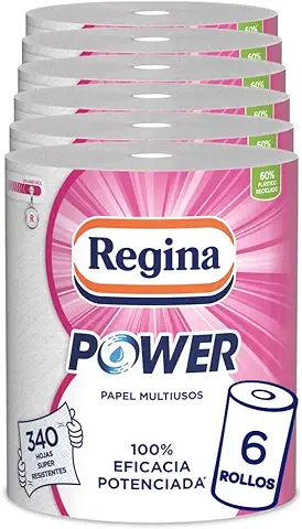 Regina Power Papel Multiusos | 6 Rollos Aún Más Largos | 340 Hojas de 2 Capas | Ideal para Limpiar Superficies Domésticas | Embalaje Reciclable | Papel 100% Certificado FSC  