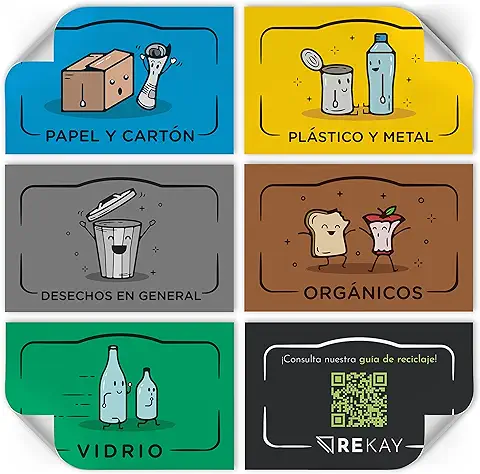 Rekay - Pegatinas para el Reciclaje - 5 Etiquetas para el Reciclaje de Basura con Guía Incluída, No Se Despegan, Diferencia cada Cubo de Basura con Adhesivos en Español de 8,5x5,5 cm cada uno  