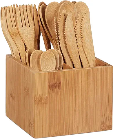 Relaxdays Set de Cubertería de Bambú, 10x Cuchillo, Tenedor, Cuchara, Cucharilla, Soporte de Madera, Reutilizable, Marrón  