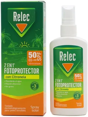 Relec 2 en 1 Protector Solar SPF50 con Citronela, Crema Solar SPF 50, Spray Solar para Adultos y Niños (+3 Años) -  