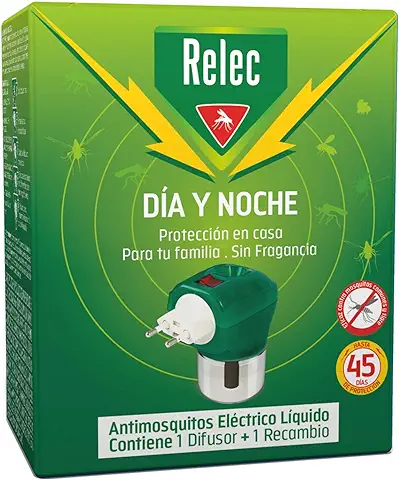 Relec Día y Noche 2021 - Difusor y Recambio Antimosquitos Eléctrico Líquido - 45 Noches de Protección - Sin Fragancia - 35 ml  
