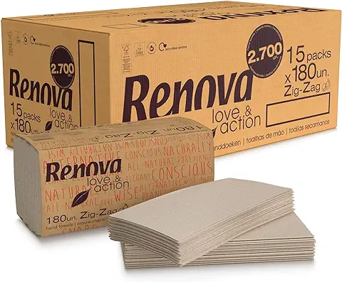 Renova Toallas Secamanos Zig-Zag Love&Action | 15 Paquetes de 180 Unidades | 2.700 Unidades | Papel Kraft Ecológico 2 Capas | Certificado FSC & Ecolabel  