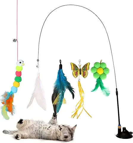 RICHDMI Juguetes Gatos, Interactivos, Varita Con Ventosa y Plumas Caña Varita Mágica Con Campanas Para Ejercitar  
