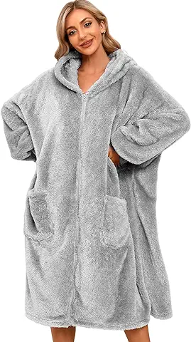 RITOSTA Sudaderas con Capucha Mujer Manta con Capucha Sudadera Manta Hombres Bata Manta Gigante Forro Polar Mujer Batas de Casa Mujer Invierno con Cremallera Bolsillo（Gris Claro,Talla Única）  
