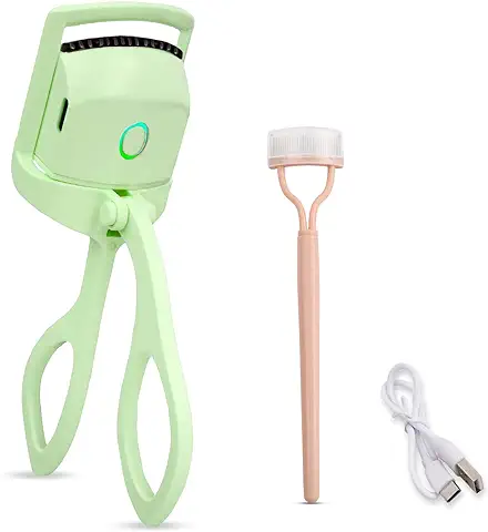 Rizador de Pestañas Calentado con Peine, USB Recargable Electrico Calefacción Rizador de Pestañas, 2 Modos de Temperatura Heated Eye Lashes Curler para Maquillaje de Mujeres (Verde)  