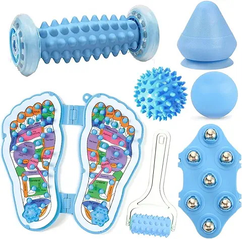 Rodillo de bola de Masaje, Kit de Masaje 7 en 1, Bolas Masaje de Pies,Masajeadores de Pies para Fascitis Plantar, Músculo, Cervical, Espalda, Nalgas, Hombro, Brazos, Reducción del Estrés  