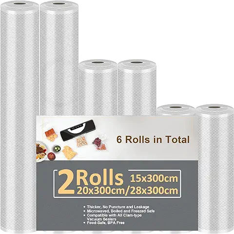 Rollos al Vacio para Envasadora al Vacío, 6 Rollos Bolsas de Vacio Alimentos, 2 Rolls 28x300cm & 2 Rolls 20x300cm & 2 Rolls 15x300cm, Bolsas para la Sous Vide Cocina y Conservación de Alimentos  