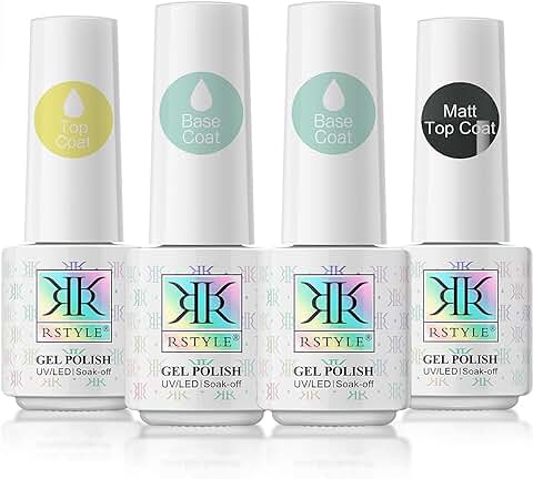 RSTYLE Base y Top Coat Semipermanente, 4pcs Base Coat Esmaltes Semipermanentes de Uñas Top Coat Kit de Esmaltes de Uñas UV LED No Wipe Matte Top Coat Semipermanente Pintauñas Set Regalo 5ml  