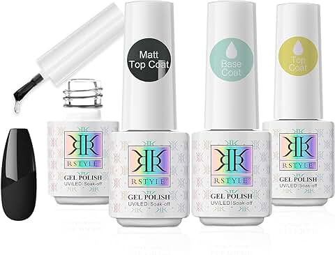 RSTYLE Base y Top Coat y Matte Top Coat Esmaltes Semipermanentes de Uñas, 4pcs Kit de Esmaltes de Uñas UV LED No Wipe Top Coat Semipermanente Pintauñas Set Regalo 5ml  