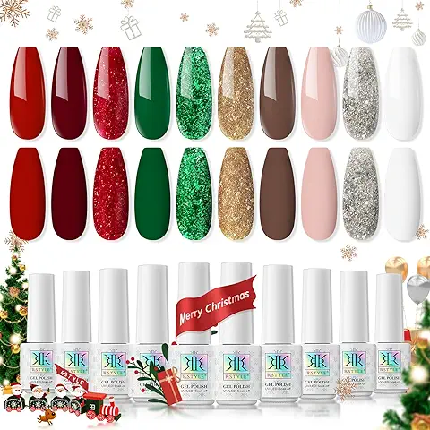 RSTYLE Esmalte Semipermanente para Uñas Gel,10 Colores Rojo Verde Esmalte Semipermanente de Uñas Soak Off Lámpara UV/LED, Juego de Esmalte de Uñas en Gel para Arte de Uñas Navidad  