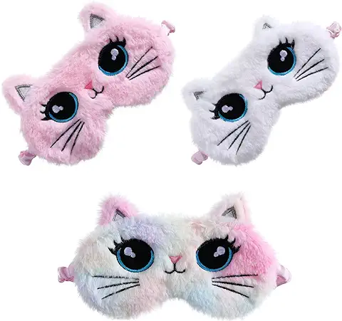 SacJkt Juego de 3 Pz Máscara del Sueño Gatito, Máscara de Ojos Antifaz para Dormir 3D Felpa Suave Linda para Dormir para Mujeres y Niñas Viajar Hogar Oficina Descansar (Rosa, Blanco, Colorido)  