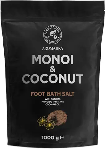 Sal de Baño de Pies de Monoï de Tahití y Coco 1000g - Sal Marina Natural Baño de Pies - Aceite de Monoï de Tahití y Coco - Remojo Uñas - Pedicura - Sal para Remojar los Pies - Cuidado de Pies  
