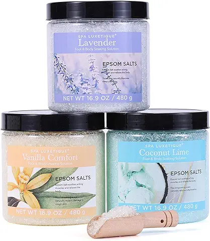 Sal de Epsom - Spa Luxetique Sales de Baño Naturales, Sal de Epsom Pura 3x480g a Lavanda, Vainilla, Coco y Lima, Baño y Cuidado Personal, Revitaliza Músculos Doloridos, Regalo de Año Nuevo  