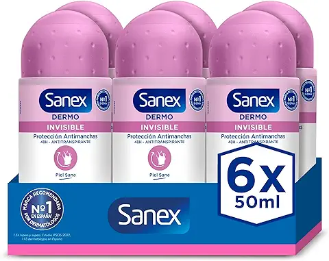 Sanex Dermo Invisible Desodorante Roll-On, Pack 6 Uds x 50 ml, Antitranspirante con Hasta 48H de Protección Contra el Sudor y el Olor, Protección Antimanchas, Restaura el pH Natural de la Piel  