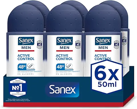 Sanex Men Active Control Desodorante Roll-On para Hombre, Pack 6 Uds x 50 ml, Protección 48H, Antitranspirante, Anti Irritación, 0% Alcohol, Combate el Mal Olor, Protección Larga Duración  