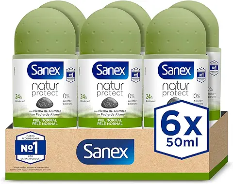 Sanex Natur Protect Desodorante Roll-On, Pack 6 Uds x 50ml, Protección 24H Contra el Mal Olor, con Piedra de Alumbre, 0% Alcohol, Sin Alérgenos ni Colorantes, Piel Normal  