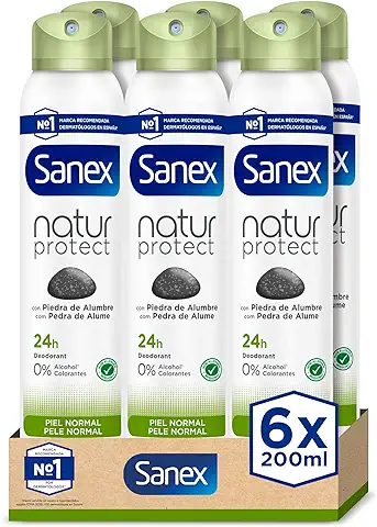 Sanex Natur Protect Desodorante Spray, Pack 6 Uds x 200 ml, Protección 24H Contra el Mal Olor, con Piedra de Alumbre, 0% Alcohol, Sin Alérgenos ni Colorantes, Piel Normal  