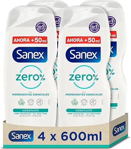 Sanex Zero% Hidratante Gel de Ducha, Pack 4 Uds x 600ml, Todo Tipo de Pieles, Gel de Baño Vegano, 99% Biodegradable, 0% Sulfatos, 0% Colorantes, 0% Microplásticos  
