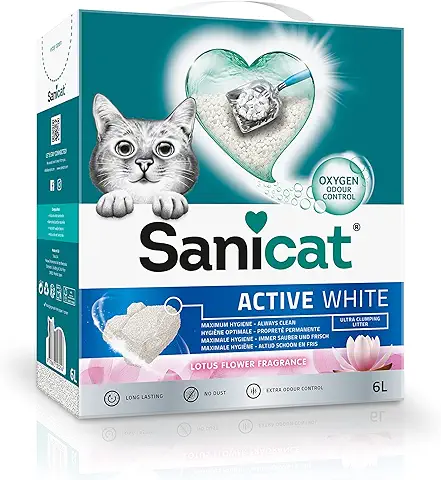 Sanicat - Arena Aglomerante Active White con Flor de Loto Hecha de Minerales Naturales con Control de olor Garantizado Absorbe la Humedad y Facilita la Limpieza 6 L de Capacidad  