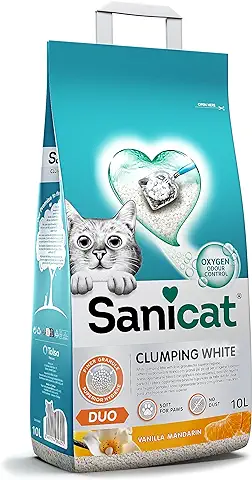 Sanicat - Arena para Gatos Aglomerante Blanca - Aroma a Vainilla y Mandarina | | Hecha de Minerales Naturales con Control de Olor Garantizado | Absorbe Humedad y de Fácil Limpieza | 10 L de Capacidad  
