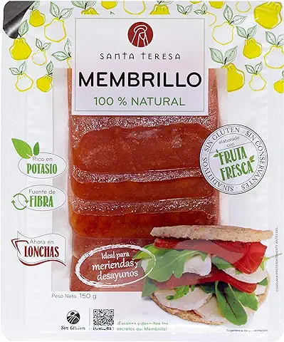 Santa Teresa - Dulce De Membrillo En Lonchas Artesano Elaborado Solo Con Fruta Fresca. Sin Conservantes Ni Aditivos Artificiales. Carne De Membrillo Totalmente Natural. Formato Lonchas 150 Gr.  