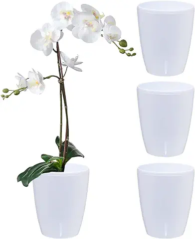 Santino Juego de 4 Macetas para Orquídeas Ø 12cm Macetas Autorriego con Sistema de Mecha e Indicador de Nivel de Agua para Interior (Ø 12cm - 1,3L - Blanco)