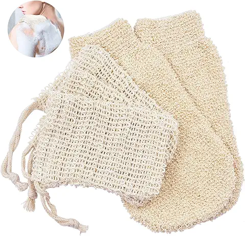SANTOO 2 Piezas Guante Exfoliante y 3 Piezas Bolsa de Jabón de Sisal Natural, La Bolsa de Jabón Natural Elimina La Piel Muerta y Limpia Rápidamente La Cara y El Cuerpo  