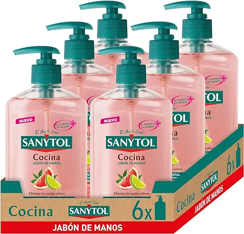 Sanytol - Jabón de Manos de Cocina Antibacteriano, Elimina los Malos Olores, con Pomelo y Limón Verde - Pack de 6 x 250 ml  