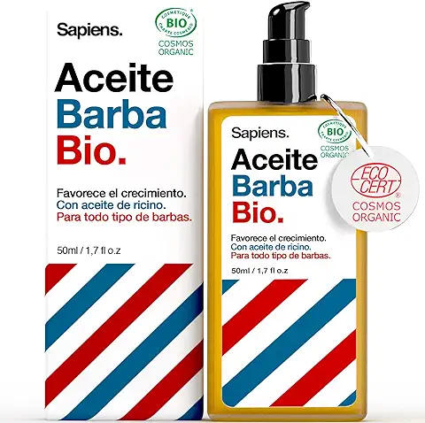 Sapiens Barbershop Aceite Barba Hombre Orgánico - Cuidado Barba Hombre con Aceite de Ricino - Certificado Ecocert - Hidrata y Favorece el Crecimiento Barba - 50 ml  