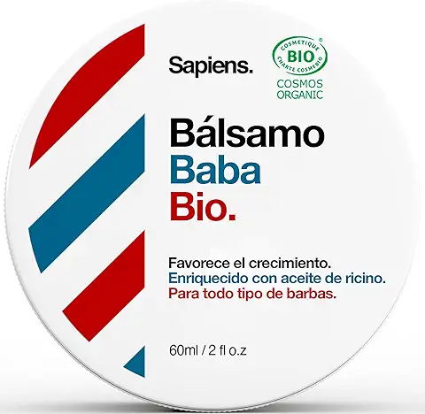 Sapiens Barbershop Bálsamo Barba Hombre Orgánico - Certificado Ecocert Cosmos Organic - Cuidado Barba Hombre Natural con Manteca de Karité y Aceite de Ricino Orgánico - Cera Barba y Bigote (60 ml)  