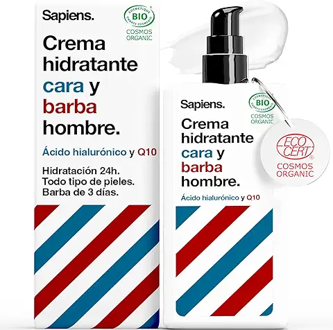 Sapiens Crema Facial Hombre Orgánica - Crema Antiarrugas Hombre - Ácido Hialurónico y Q10-2en1 Crema Hidratante Facial y Cuidado Barba Hombre para Todo Tipo de Pieles - 80 ml  