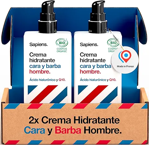 Sapiens Crema Facial Hombre Orgánica - Crema Antiarrugas Hombre - Ácido Hialurónico y Q10-2en1 Crema Hidratante Facial y Cuidado Barba Hombre para Todo Tipo de Pieles - 80 ml (Paquete de 2)  