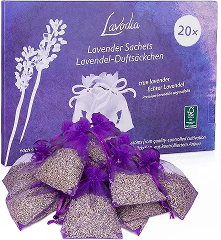 Saquitos de Lavanda: 20x Saquitos para Armario, Cama y Guardarropa – Lavanda Seca como Ambientador del Hogar o Saquitos para el Armario de la Ropa – 20x 6g Bolsitas de Lavanda para Armario de Lavodia  