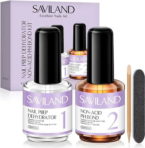 Saviland Juego de Deshidratador y Imprimación para Uñas – Nail Prep Deshidratante y sin ácidos, PH Bond Air Dry Long Lasting Nail Proteein Bonding Primer para Uñas de gel U V en Polvo  