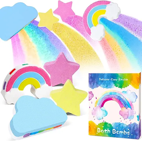 SCENTORINI Bombas de Sal de Baño Naturales Orgánicas, Bomba de Nubes de Arco Iris Hecha a Mano, Aceites Esenciales, Spa Burbujeante para Set de Regalo para Niños（Juego de 4 Piezas）  