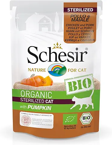 Schesir Cat Bio Esterilizado Pollo y Cerdo con Calabaza, Comida para Gatos Esterilizados, 16 Bolsas x 85 g  