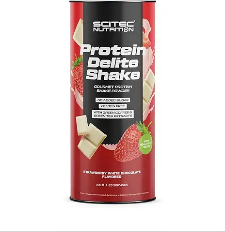 Scitec Nutrition Protein Delite Shake Producto Alimenticio en Polvo con Trozos de Fresa Liofilizados, Proteína, L-carnitina, 700 g, Chocolate Blanco con Fresa  