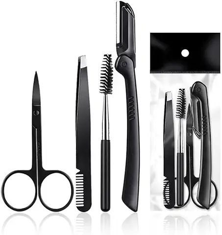 SCJJZ Cuchillas de Afeitar Mujer,pinzas Depilar,pinzas Cejas,Juego de 4 Tijeras para Cejas con clip para Cejas, Peine para Cejas, Negro  